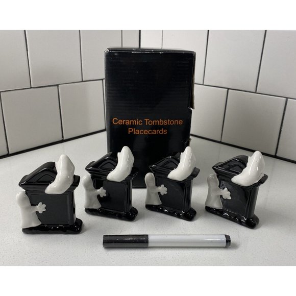 HARRY AND DAVID HALLOWEEN CERAMIC GHOST TOMBSTONE PLACE CARDS, (4), EUC - Picture 4 of 6